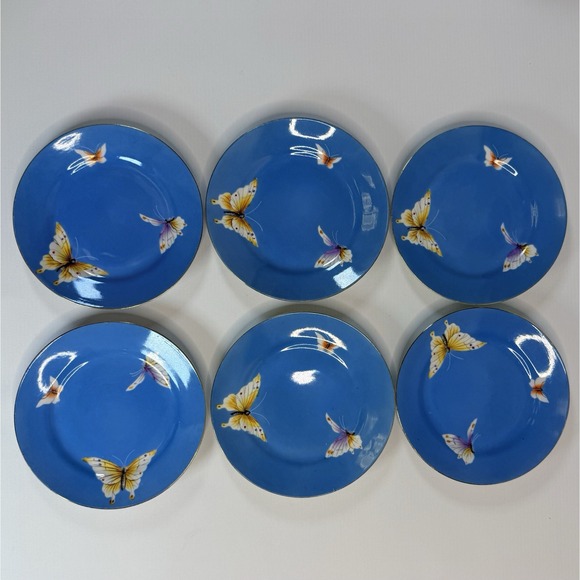 6 Vintage Nippon Hand Painted Porcelain Plate Saucer Butterfly Design Blue - Picture 1 of 4